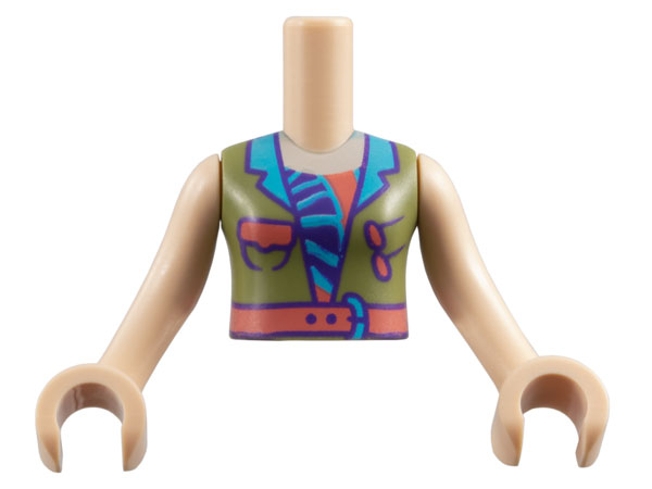 Torso Mini Doll Girl Olive Green Jacket, Dark Pink Belt and Medium Azure Collar Pattern, Light Nougat Arms with Hands