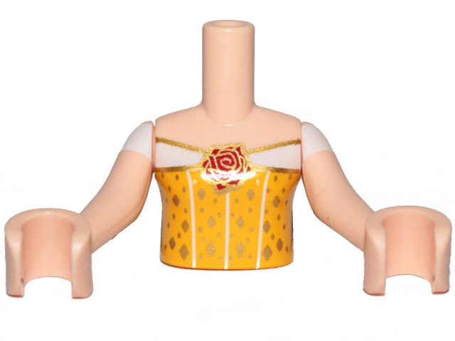 Torso Mini Doll Girl Bright Light Orange Top with Red Rose Trim and Gold Diamonds Pattern, Light Nougat Arms with Hands with White Sleeves
