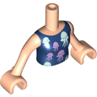 Torso Mini Doll Girl Dark Blue Top with Jellyfish Pattern, Light Nougat Arms with Hands