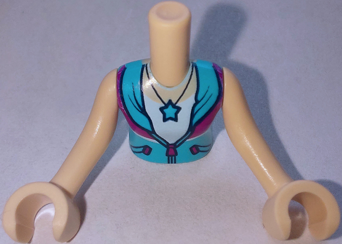 Torso Mini Doll Girl Medium Azure and Magenta Jacket over White Shirt with Star Necklace, Tan Chest Pattern, Light Nougat Arms with Hands