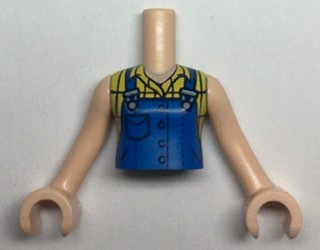 Torso Mini Doll Girl Blue Overalls over Yellow Checkered Sleeveless Blouse Pattern, Light Nougat Arms with Hands