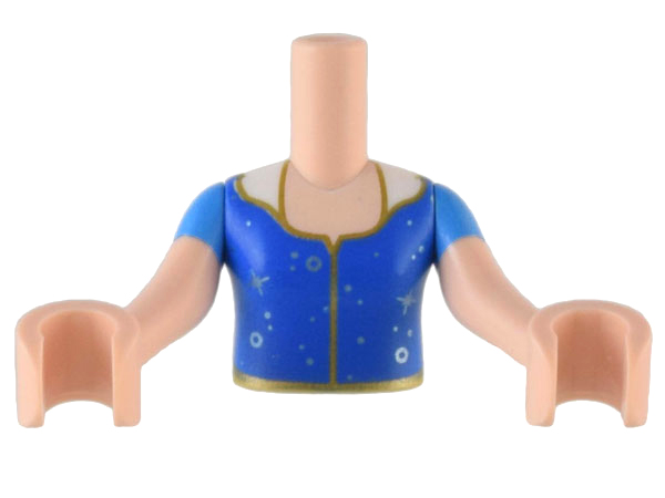 Torso Mini Doll Girl Blue Top with Gold Seam and Trim, Silver Circles and Stars Pattern, Light Nougat Arms with Hands with Dark Azure Short Sleeves