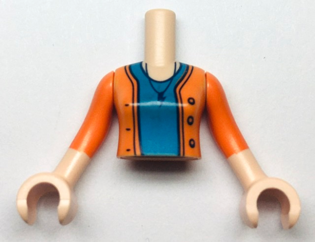 Torso Mini Doll Girl Dark Azure Shirt and Orange Sweater with Necklace and Lightning Bolt Pattern, Light Nougat Arms with Hands with Orange Sleeves