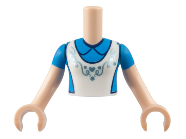 Torso Mini Doll Girl Dark Azure Dress, White Apron with Metallic Light Blue Filigree Pattern, Light Nougat Arms with Hands with Dark Azure Short Sleeves