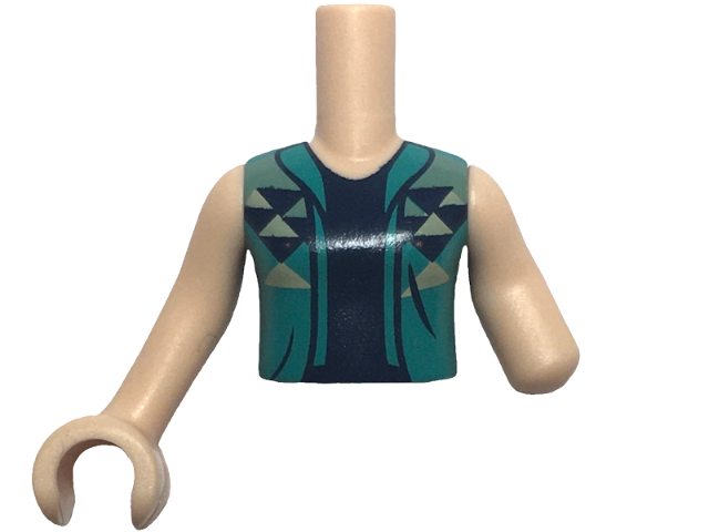 Torso Mini Doll Girl Dark Turquoise Vest with Dark Blue and Tan Triangles over Shirt Pattern, Light Nougat Arm Left, Light Nougat Arm with Hand Right