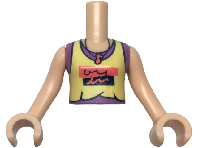 Torso Mini Doll Girl Bright Light Yellow Tank Top over Medium Lavender Sleeveless Shirt, Black and Coral Panels and Music Note Necklace Pattern, Light Nougat Arms with Hands
