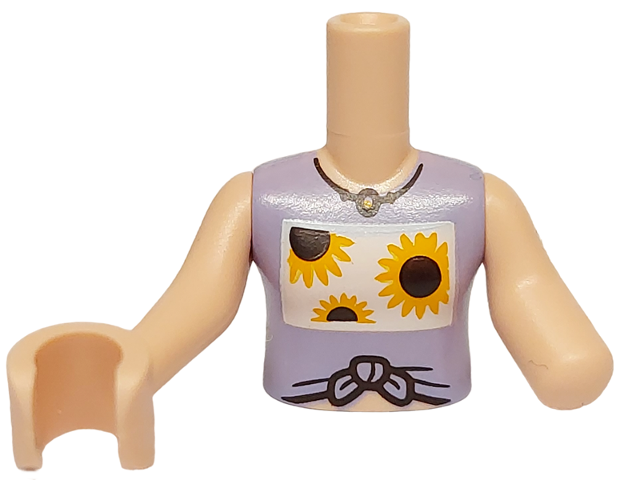 Torso Mini Doll Girl Lavender Tied Sleeveless Vest Top, Bright Light Orange Sunflowers Pattern, Light Nougat Arm Left, Light Nougat Arm with Hand Right