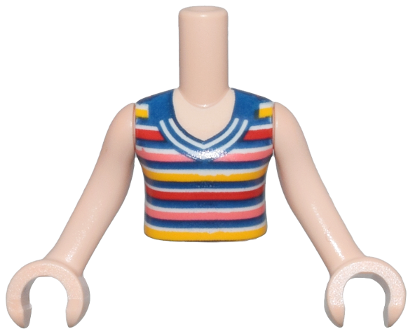 Torso Mini Doll Girl Dark Blue Sleeveless Top with White, Red, Coral, and Bright Light Orange Stripes Pattern, Light Nougat Arms with Hands