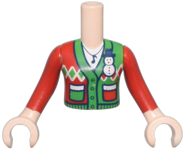 Torso Mini Doll Girl Red and Bright Green Cardigan Holiday Sweater with Pockets and Snowman Pin Pattern, Dark Blue Music Note Pendant, Light Nougat Arms with Hands with Red Long Sleeves