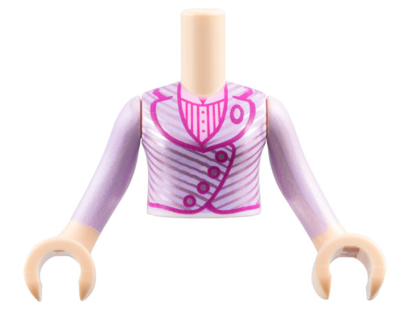 Torso Mini Doll Girl Lavender Jacket with Metallic Pink Stripes and Magenta Trim over Bright Pink Shirt Pattern, Light Nougat Arms with Hands with Lavender Long Sleeves