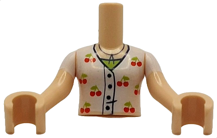 Torso Mini Doll Girl White Shirt with Black Buttons and Red Cherries over Lime Top Pattern, Light Nougat Arms with Hands with White Short Sleeves