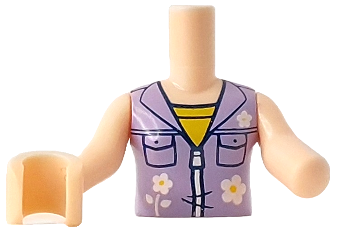 Torso Mini Doll Girl Lavender Sleeveless Jacket with Dark Blue Pockets and White Flowers and Zipper over Yellow Top Pattern, Light Nougat Arm Left, Light Nougat Arm with Hand Right