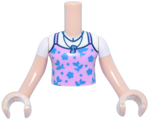 Torso Mini Doll Girl Bright Pink Tank Top with Dark Azure Flowers and Dark Blue Necklace with Music Note over White T-Shirt Pattern, Light Nougat Arms with Hands with White Short Sleeves