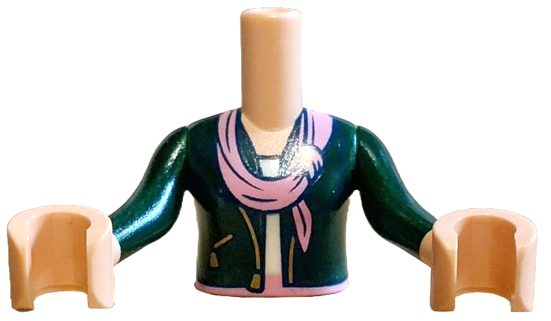 Torso Mini Doll Girl Dark Green Jacket Open with Gold Pocket and Zippers over White Top, Bright Pink Belt and Scarf Pattern, Light Nougat Arms with Hands with Dark Green Long Sleeves