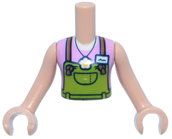 Torso Mini Doll Girl Lime Overalls, Medium Nougat Straps, White Flower Pendant and Name Tag Over Bright Pink Sleeveless Top Pattern, Light Nougat Arms with Hands