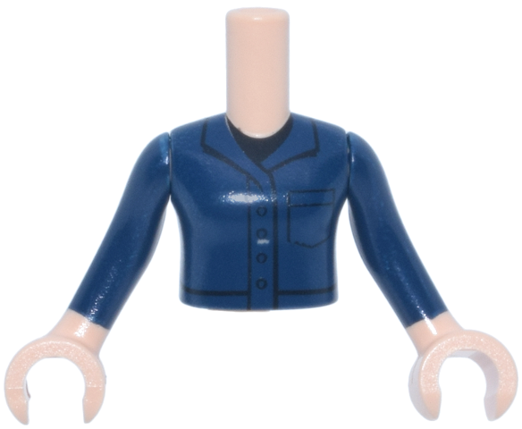 Torso Mini Doll Girl Coveralls with Black Trim, Buttons, Pocket and Undershirt Pattern, Light Nougat Arms with Hands and Dark Blue Long Sleeves
