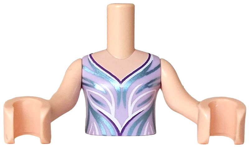 Torso Mini Doll Girl Sleeveless Dress Top with Dark Purple, Metallic Light Blue and White Collar and Curved Lines Pattern, Light Nougat Arms with Hands