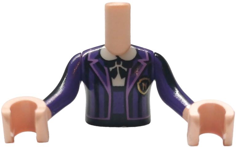 Torso Mini Doll Girl Dark Purple Striped School Uniform Jacket with Gold Letter N Logo Badge over White Shirt with Black Bow Tie Pattern, Light Nougat Arms with Hands with Black and Dark Purple Long Sleeves