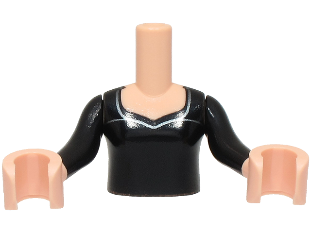 Torso Mini Doll Girl Black Dress Top, Dark Silver Trim Around Neck Pattern, Light Nougat Arms with Hands with Black Long Sleeves