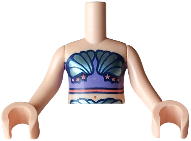 Torso Mini Doll Girl Blue Violet Bikini Top with Metallic Light Blue Shell Bra, Belt and Scales, Coral Stars and Trim Pattern, Light Nougat Arms with Hands