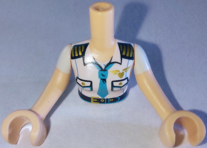 Torso Mini Doll Woman White Captain Uniform Top with Tie and Belt Pattern, Light Nougat Arms with Hands with White Sleeves