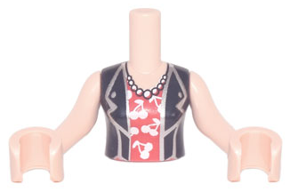 Torso Mini Doll Woman Black Vest over Red Shirt with Cherries, Long Necklace Pattern, Light Nougat Arms with Hands
