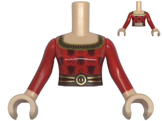 Torso Mini Doll Woman Red Dress Top with Dark Red Hearts, Gold Neck Trim and Belt with Buckle and 2 Stripes Pattern, Light Nougat Arms with Hands with Red Long Sleeves