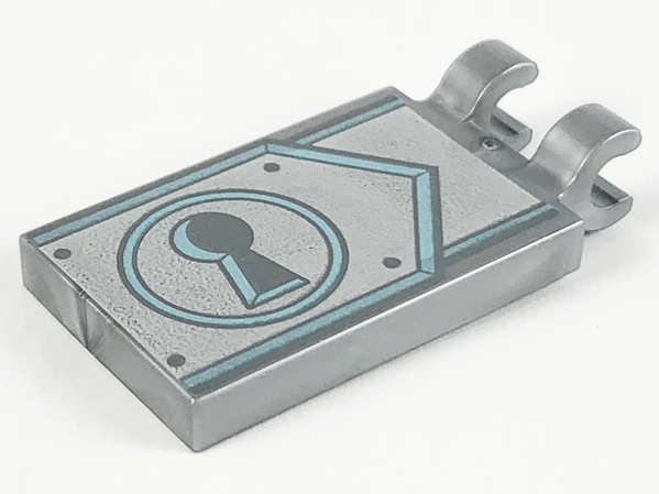 Tile, Modified 2 x 3 with 2 Clips with Dark Bluish Gray Keyhole on Metallic Light Blue and Silver Clasp Pattern