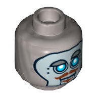 Minifigure, Head Alien with Robot Blue Eyes, Silver Face Panel, Raised Eyebrow, Brown Moustache and Goatee Pattern