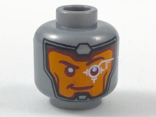 Minifigure, Head Balaclava, Orange Face, Dark Red Eyebrows, White Head-Up Display (HUD) On Left Eye Pattern