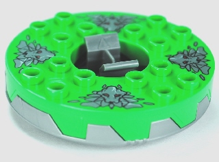 Turntable 6 x 6 x 1 1/3 Round Base Serrated with Bright Green Top and Dark Bluish Gray Stone Heads Pattern (Ninjago Spinner)
