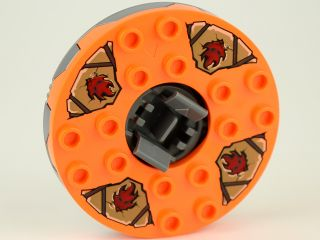 Turntable 6 x 6 x 1 1/3 Round Base Serrated with Orange Top and Dark Red Faces on Dark Tan and Dark Gray Pattern (Ninjago Spinner)