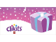 Part No: clikits255pb03  Name: Clikits Paper, Gift Tag with Hole with Light Purple Present with Light Blue Ribbon, Snowflakes, and Logo Pattern