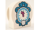 Part No: 14222pb012  Name: Duplo, Brick 1 x 2 x 2 Round Top, Cut Away Sides with Dark Azure and Silver Clock Face, Dark Pink Clock Hands, and 'C' in Shield Pattern