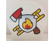 Part No: 14222pb017  Name: Duplo, Brick 1 x 2 x 2 Round Top, Cut Away Sides with Crossed Fire Axe and Yellow Ladder behind Silver Shield with Flames Pattern