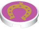 Part No: 14769pb180  Name: Tile, Round 2 x 2 with Bottom Stud Holder with Gold Horseshoe with Hearts on Dark Pink Background Pattern