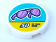 Part No: 14769pb322  Name: Tile, Round 2 x 2 with Bottom Stud Holder with Trans-Purple Sunglasses and '50' on Medium Azure and Yellow Sign Pattern (Sticker) - Set 41315