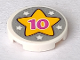 Part No: 14769pb406  Name: Tile, Round 2 x 2 with Bottom Stud Holder with Pink '10', Yellow Star and Five White Stars on Silver Background Pattern (Sticker) - Set 41300