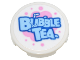 Part No: 14769pb564  Name: Tile, Round 2 x 2 with Bottom Stud Holder with Bright Light Blue 'BUBBLE TEA' on Bright Pink Bubbles Pattern (Sticker) - Set 80036