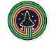 Part No: 14769pb710  Name: Tile, Round 2 x 2 with Bottom Stud Holder with Space Shuttle, Smoke and Dots on Back Background in Bright Green, Medium Azure, Bright Light Orange and Bright Pink Concentric Circles Pattern