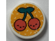 Part No: 14769pb822  Name: Tile, Round 2 x 2 with Bottom Stud Holder with Coral Cherries with Faces on Bright Light Orange Background Pattern (Sticker) - Set 41926