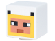 Part No: 19729pb108  Name: Minifigure, Head, Modified Cube with Pixelated Hood with Yellow Trim, Nougat Face, Black Eyes and Dark Orange Mouth Pattern (Minecraft Chicken Fan)