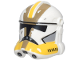 Part No: 2019pb13  Name: Minifigure, Headgear Helmet SW Clone Trooper (Phase 2) with Holes with Black Visor, Yellow and Dark Tan Markings and Light Bluish Gray Cheek Indents Pattern