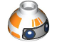Part No: 20952pb06  Name: Brick, Round 1 1/2 x 1 1/2 x 2/3 Dome Top with SW RJ-83 Droid Head, Orange Stripes and Dark Blue Eyes on Silver Background Pattern 