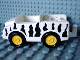 Part No: 2218c06pb01  Name: Duplo Car with 2 x 2 Studs and White Base with Yellow Wheels with Black Safari Stripes Pattern