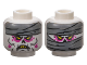 Part No: 28621pb0127  Name: Minifigure, Head Dual Sided Alien Dark Bluish Gray Mummy Wrappings, Yellow Triangular Eyes, Magenta Eye Shadow, Open Mouth Scowl with Top Teeth / Wrapped Lower Face Pattern - Vented Stud
