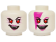 Part No: 28621pb0213  Name: Minifigure, Head Dual Sided Alien Female Black Eyebrows, Bright Pink Eyeshadow, Dark Pink Lips, Open Mouth Smile with Fangs / Magenta Face Paint Triangle and Eyebrow Pattern - Vented Stud