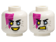 Part No: 28621pb0354  Name: Minifigure, Head Dual Sided Black Eyebrows, Magenta Marking, Light Bluish Gray Spots, Bright Light Blue Eye Left, Yellow Eye Right and Teeth, Smile / Scowl Pattern - Vented Stud