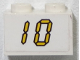 Part No: 3004pb137  Name: Brick 1 x 2 with Yellow Digital '10' on White Background Pattern (Sticker) - Set 3568