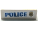 Part No: 30413pb095L  Name: Panel 1 x 4 x 1 with Blue 'POLICE' and World City Gold Police Badge on White Background Pattern Model Left Side (Sticker) - Sets 4850 / 7030